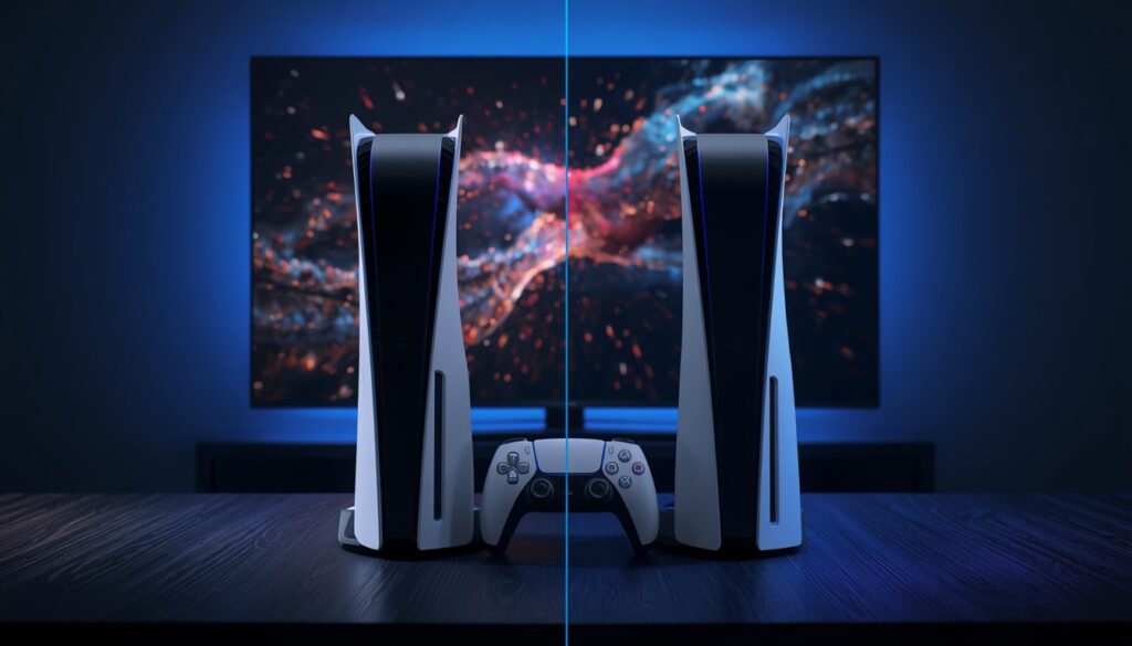 lucid origin ultra realistic side by side comparison of a standard ps5 style gaming console a 0